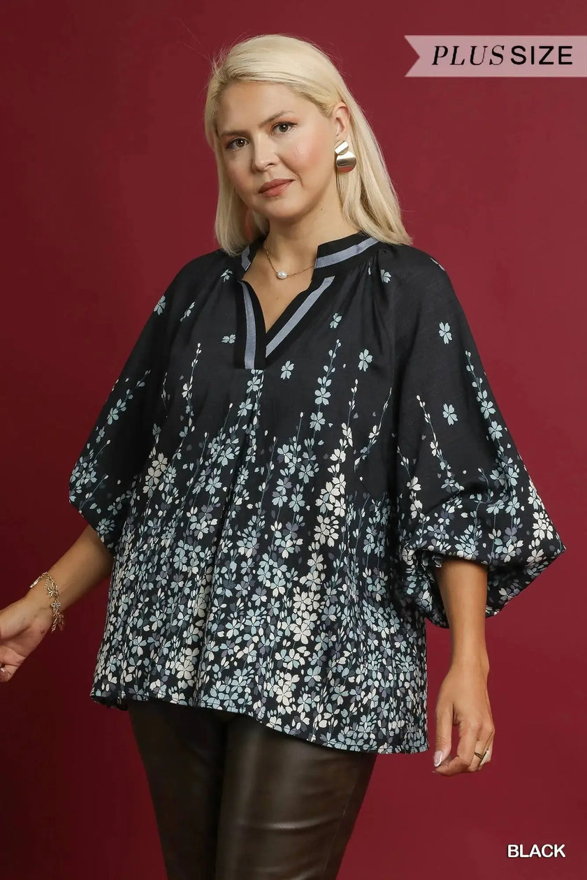 Umgee Full Size Floral Vine Print Blouse with Balloon Sleeves  Style Ratio