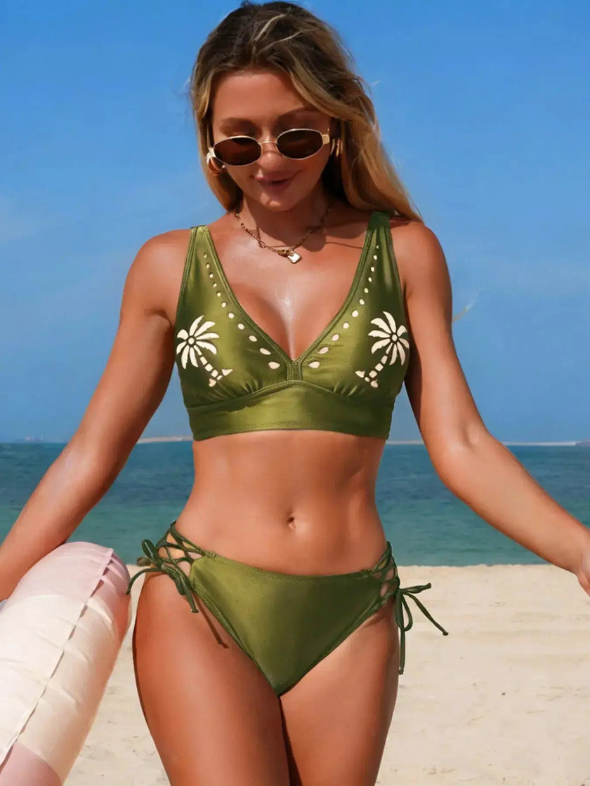 Palm Tree Cutout Lace-Up Bikini  Style Ratio