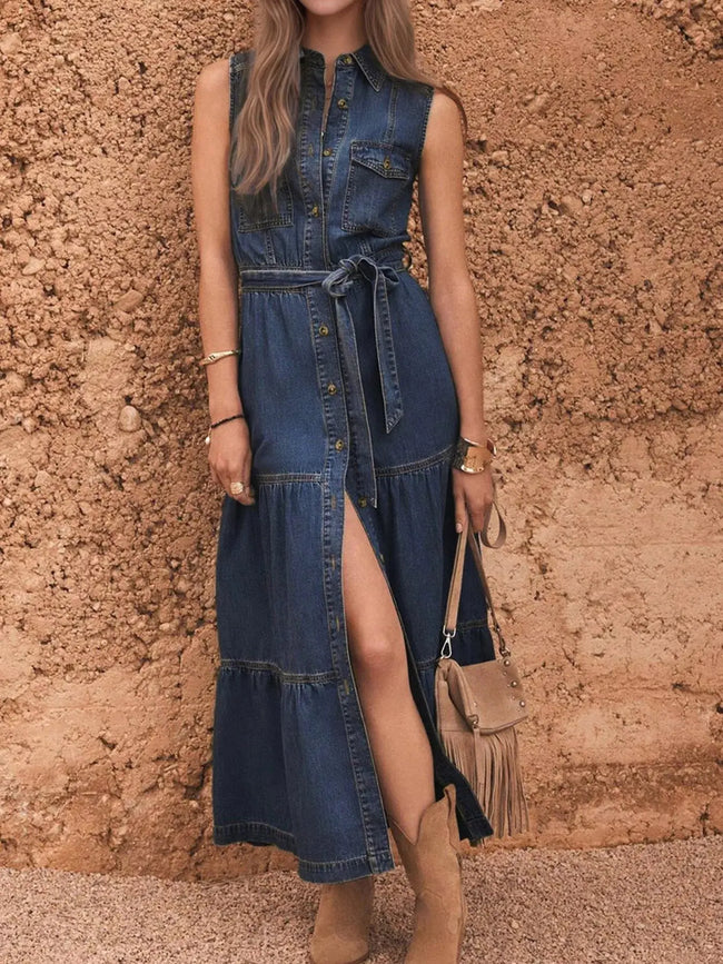 Button Front Sleeveless Denim Dress  Style Ratio