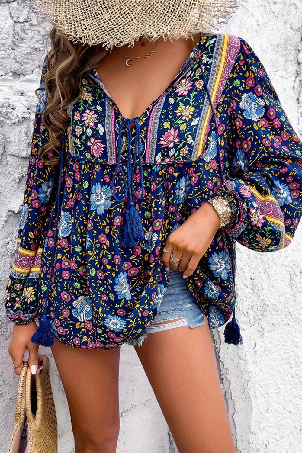 Floral Print Tie Neck Blouse  Style Ratio