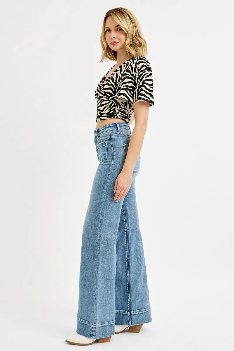 RISEN High Rise Wide Flare Patch Pocket Jeans  Style Ratio