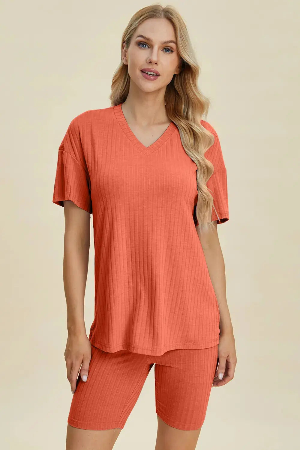 Basic Bae Full Size Ribbed V-Neck Short Sleeve Top and Shorts Loungewear  Style Ratio