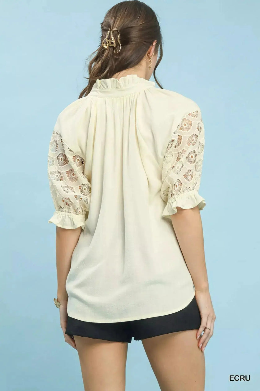 Umgee Linen V-Neck Lace Puff Sleeve Top  Style Ratio