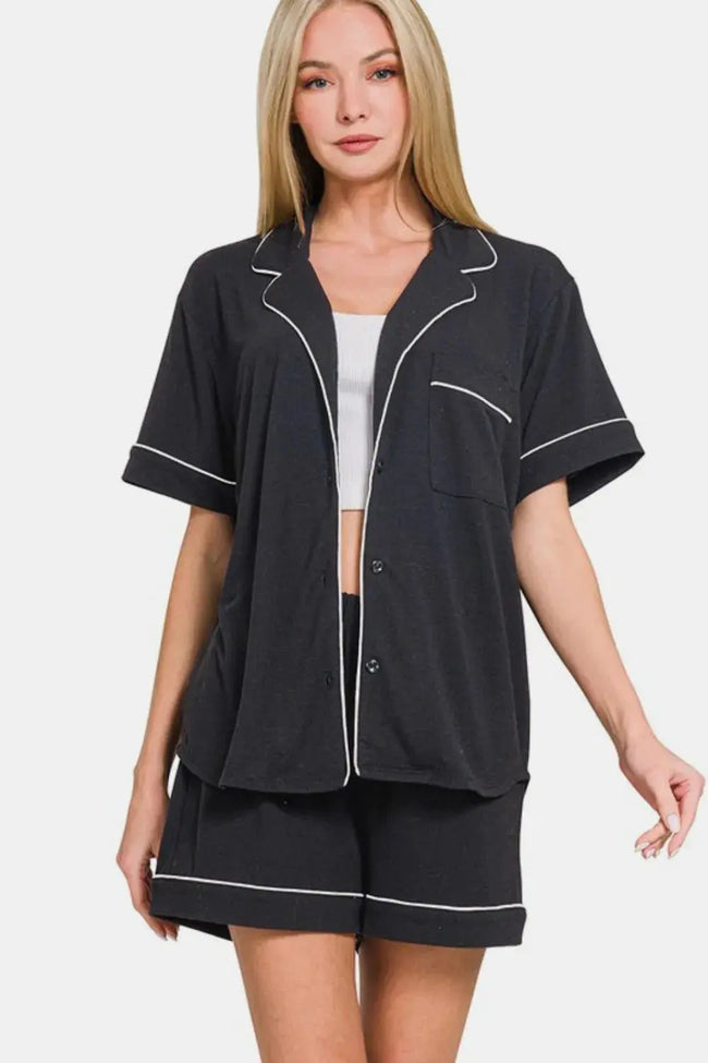 Zenana Button Down Short Sleeve Top and Shorts Lounge Set  Style Ratio