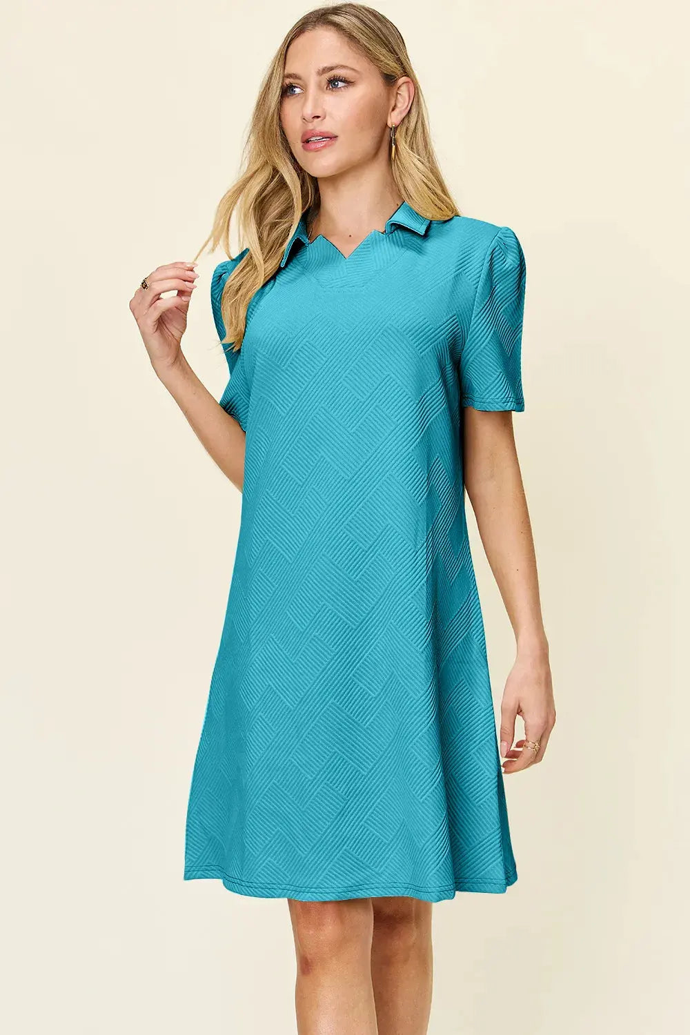Double Take Full Size Texture Collared Neck Short Sleeve Dress  Style Ratio