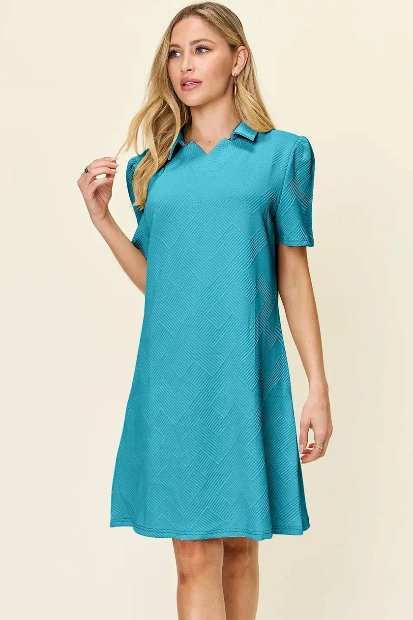 Double Take Full Size Texture Collared Neck Short Sleeve Dress  Style Ratio