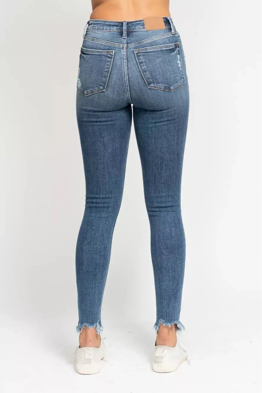 Judy Blue High Waist Skinny Jeans with Destroy & Shark Bit Hem  Style Ratio
