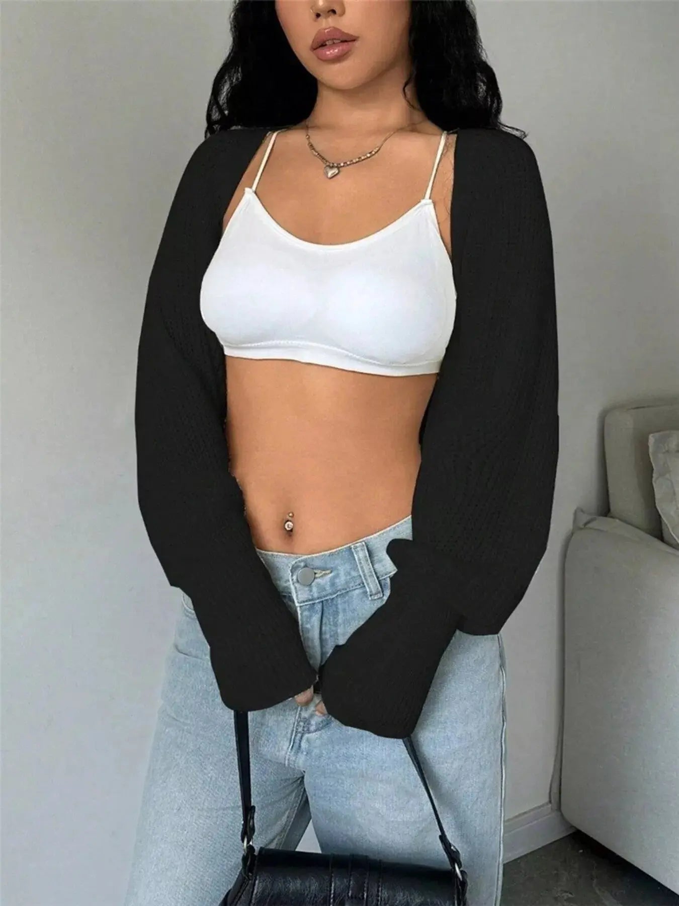 Cropped Knit Open Front Cardigan  Style Ratio