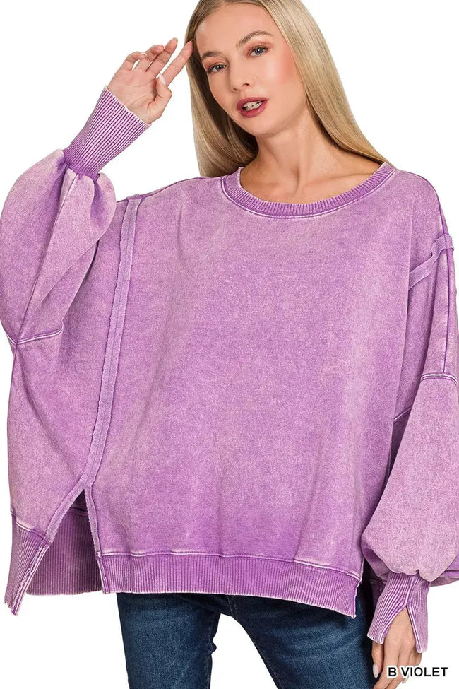Zenana Acid Washed Batwing Sleeve Fleece Sweatshirt  Style Ratio