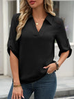 Johnny Collar Roll-Up Sleeve Blouse  Style Ratio