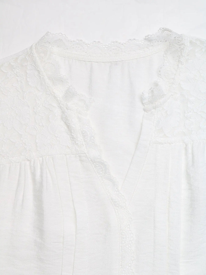 Lace Trim Notched Blouse  Style Ratio