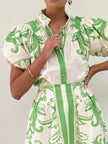 Printed Puff Sleeve Top and Skirt Set  Style Ratio