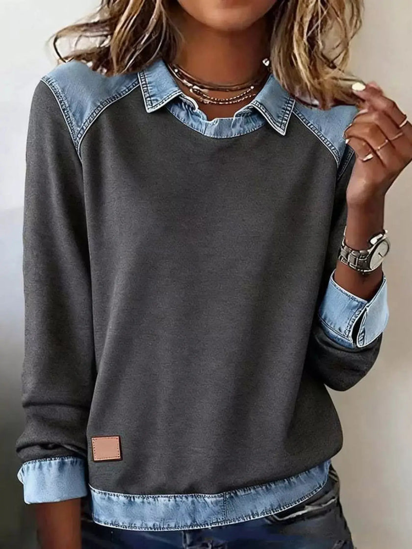 Full Size Denim Trim Long Sleeve Top  Style Ratio