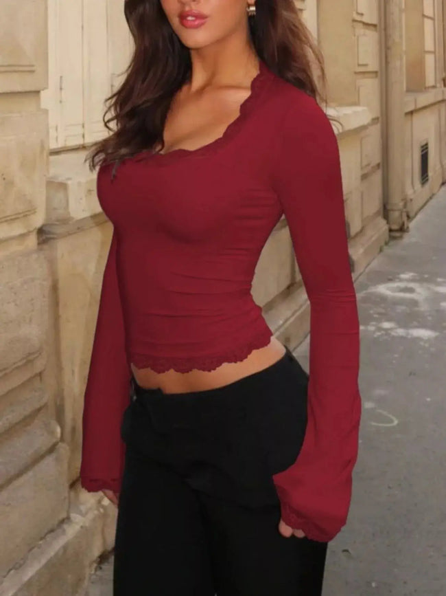 Lace Trim Square Neck Long Sleeve Top  Style Ratio