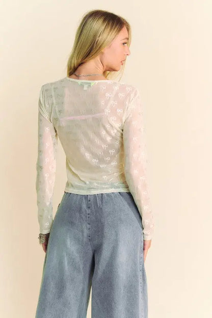 Davi & Dani Bow Mesh Round Neck Long Sleeve Top Trendsi