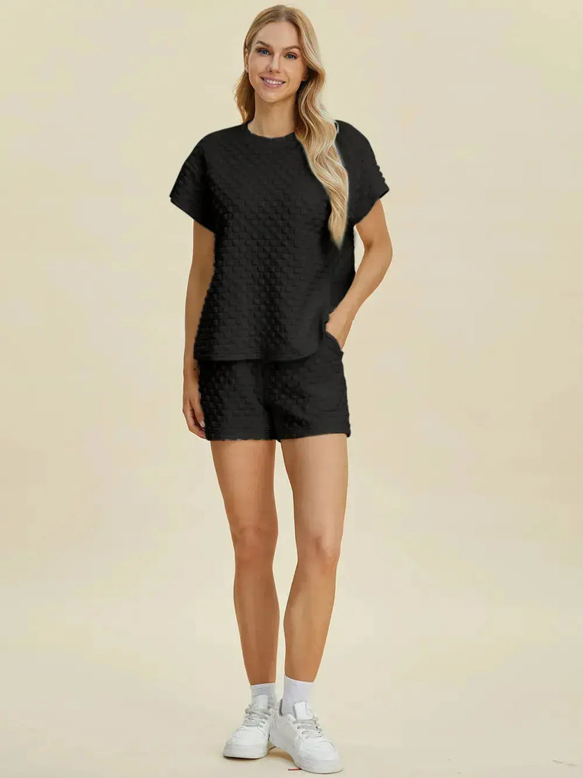 Double Take Full Size Texture T-Shirt and Shorts Set  Style Ratio