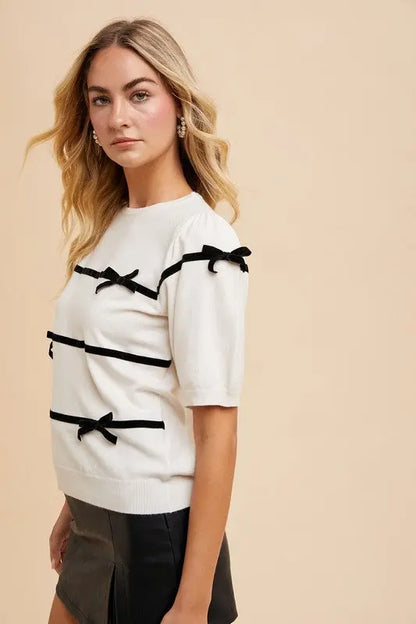 Annie Wear Bow Round Neck Knit Sweater Trendsi