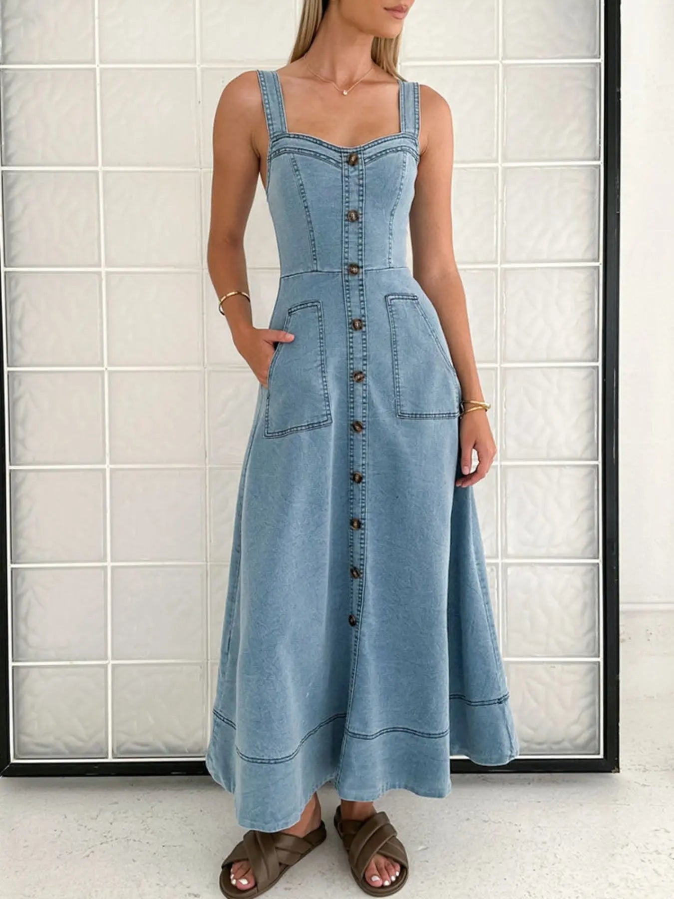 Decor Button Front A-Line Denim Dress  Style Ratio