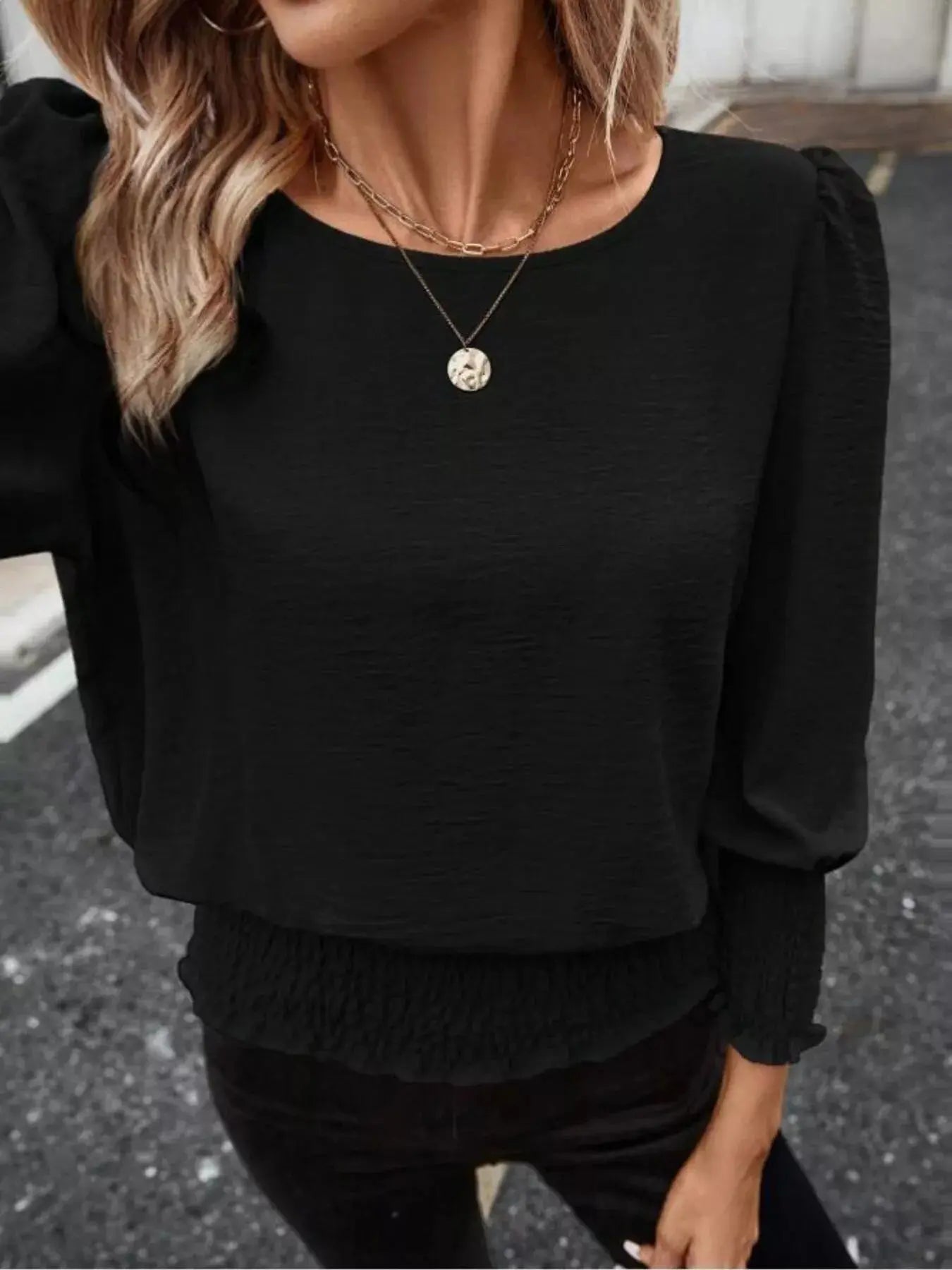 Smocked Waist Round Neck Blouse  Style Ratio