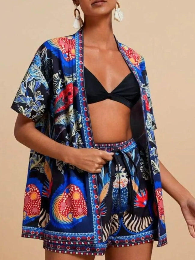 Printed Open Front Cardigan and Shorts Set  Style Ratio