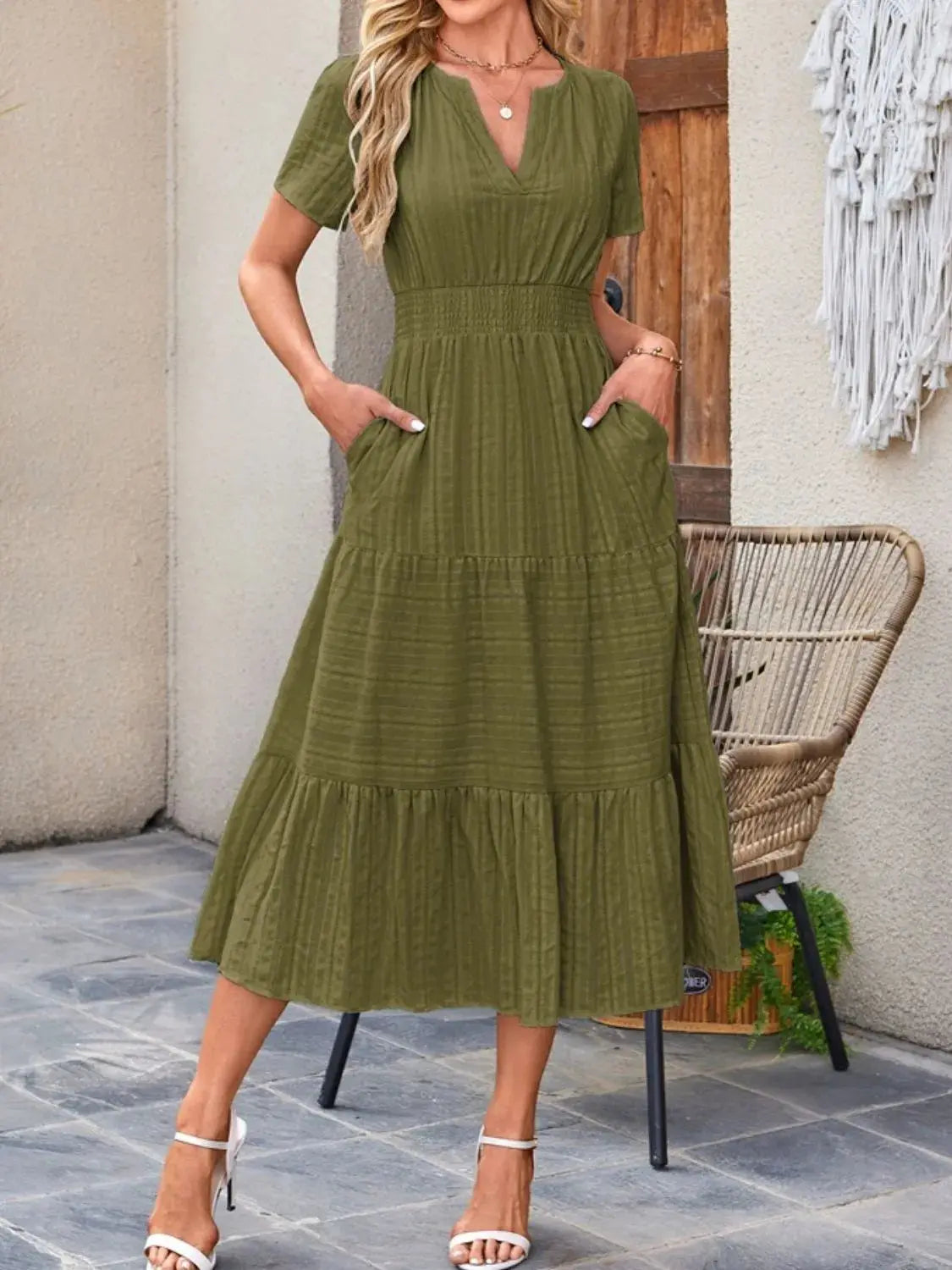 Tiered Notched Short Sleeve Dress  Style Ratio