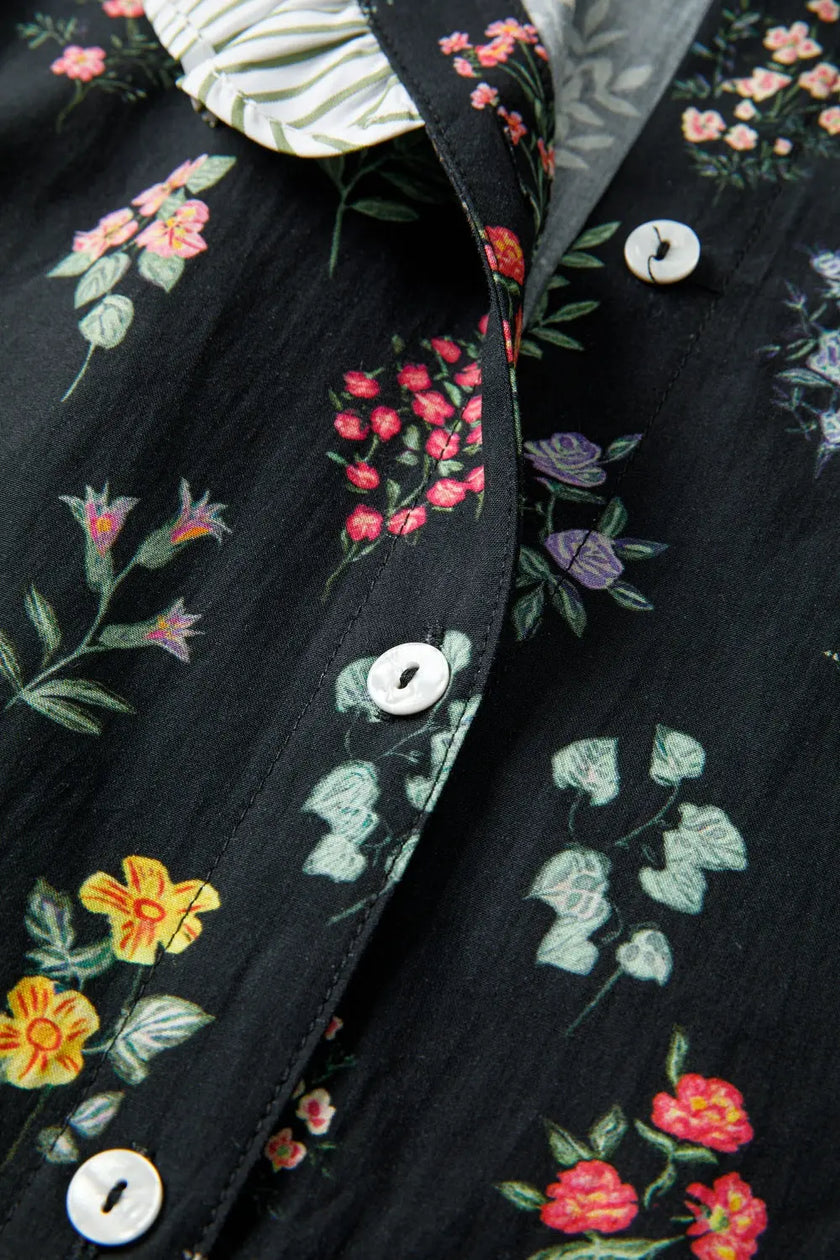 Contrast Frilled Trim Short Sleeve Floral Shirt  Style Ratio