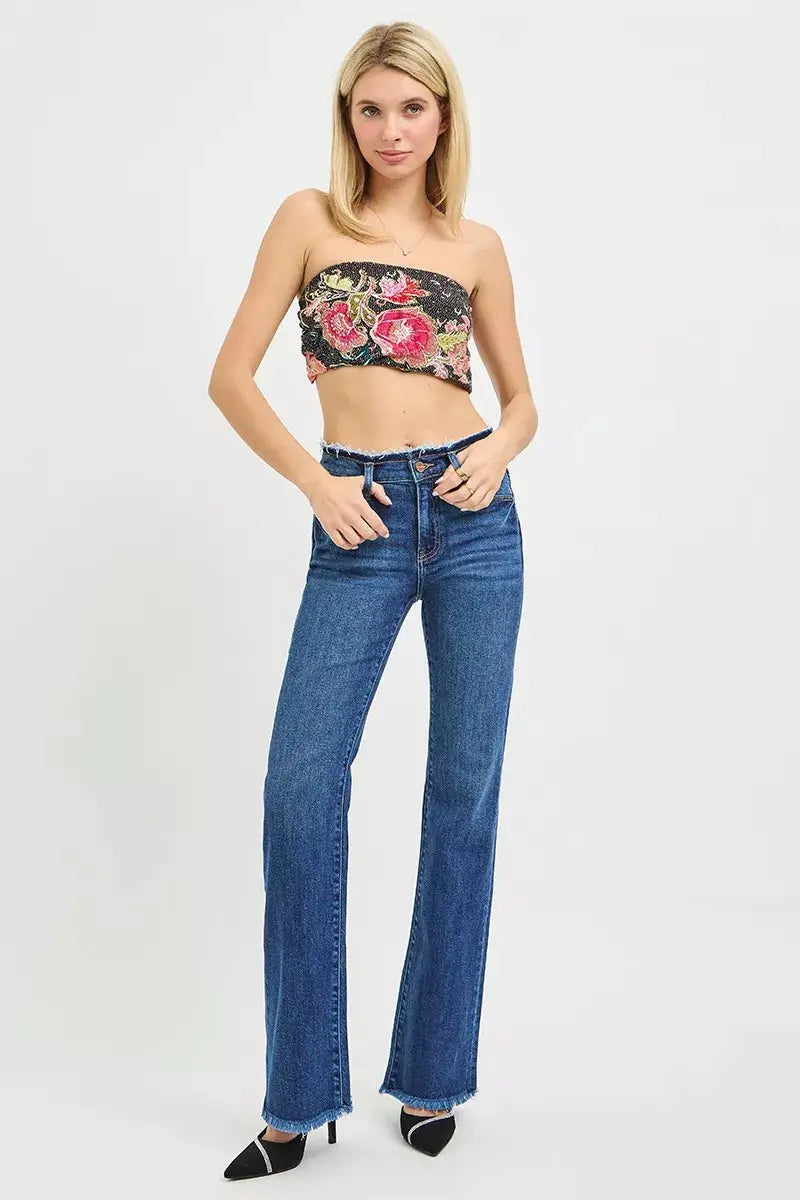 RISEN Full Size Mid Rise Bootcut Frayed Waistband Hem Detail Jeans  Style Ratio
