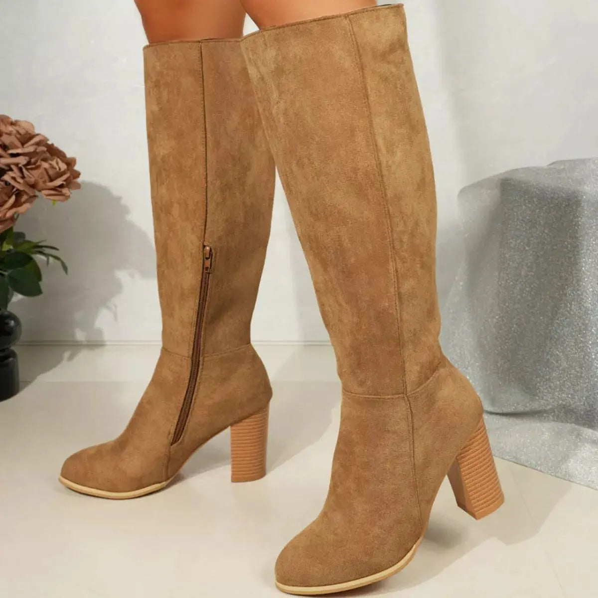 Point Toe Knee-High Suede Block Heel Boots  Style Ratio