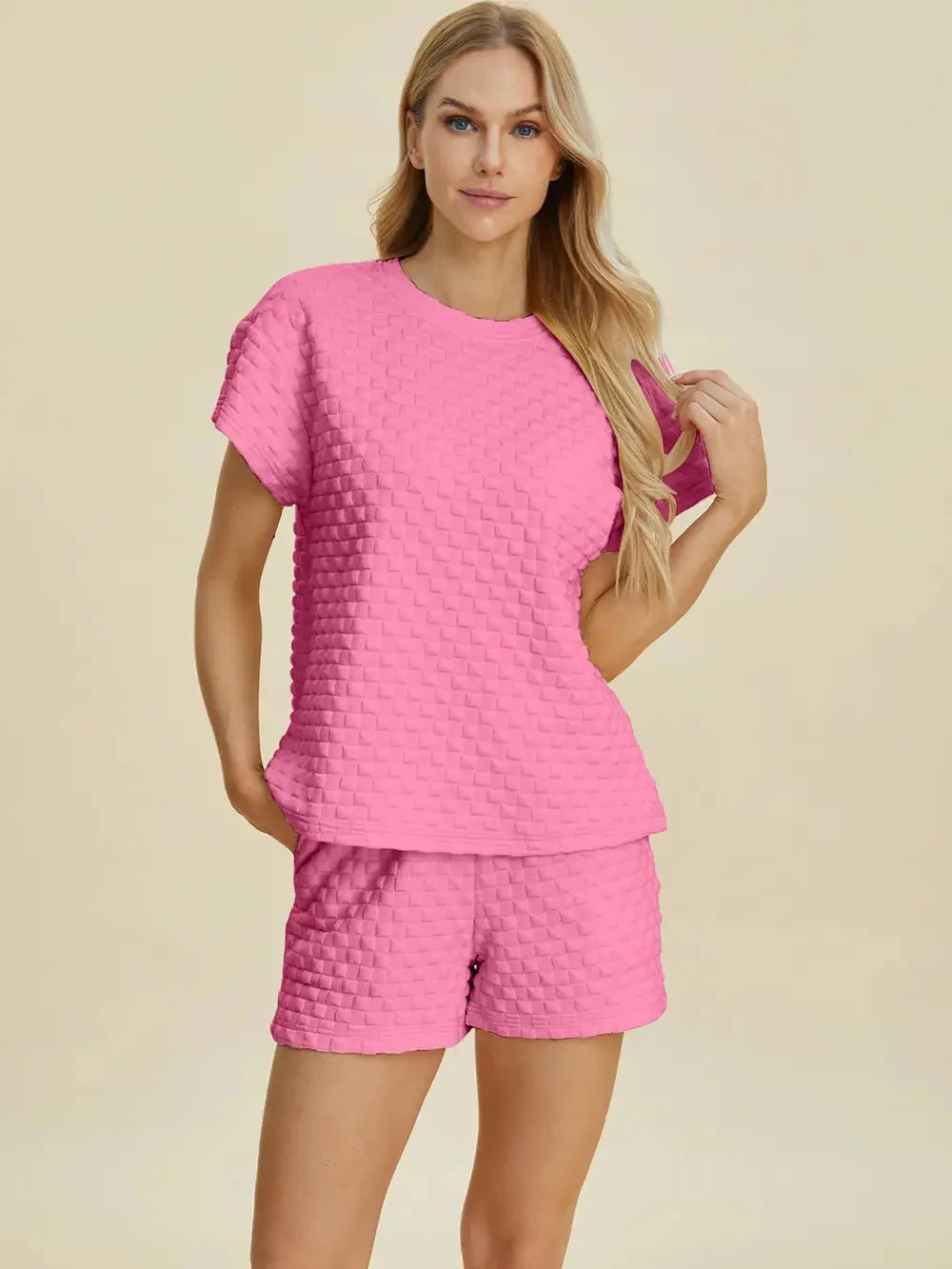 Double Take Full Size Texture T-Shirt and Shorts Set  Style Ratio