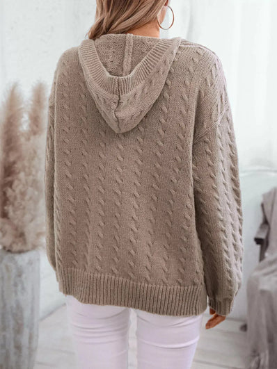 Cable Knit Open Front Hooded Cardigan  Style Ratio