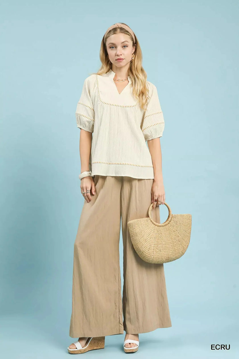 Umgee Textured Short Sleeve Top with Contrast Trim  Style Ratio