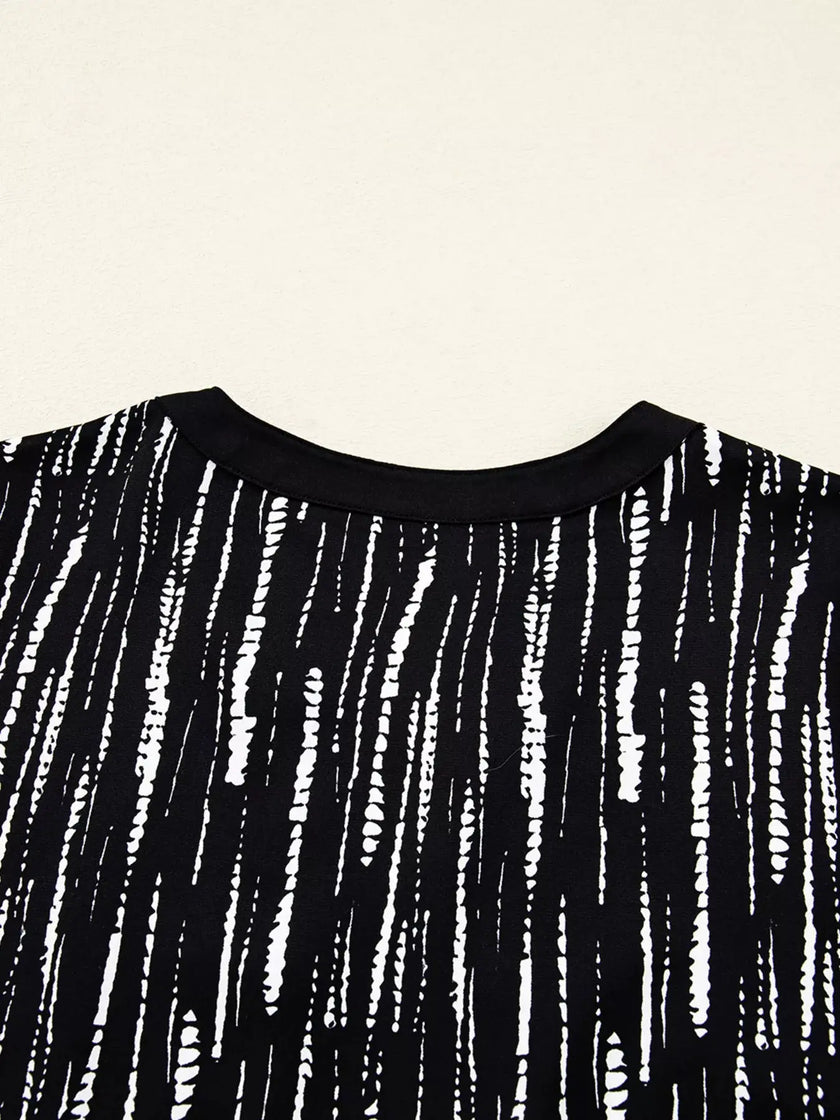 Abstract Printed Notched Long Sleeve Blouse  Style Ratio