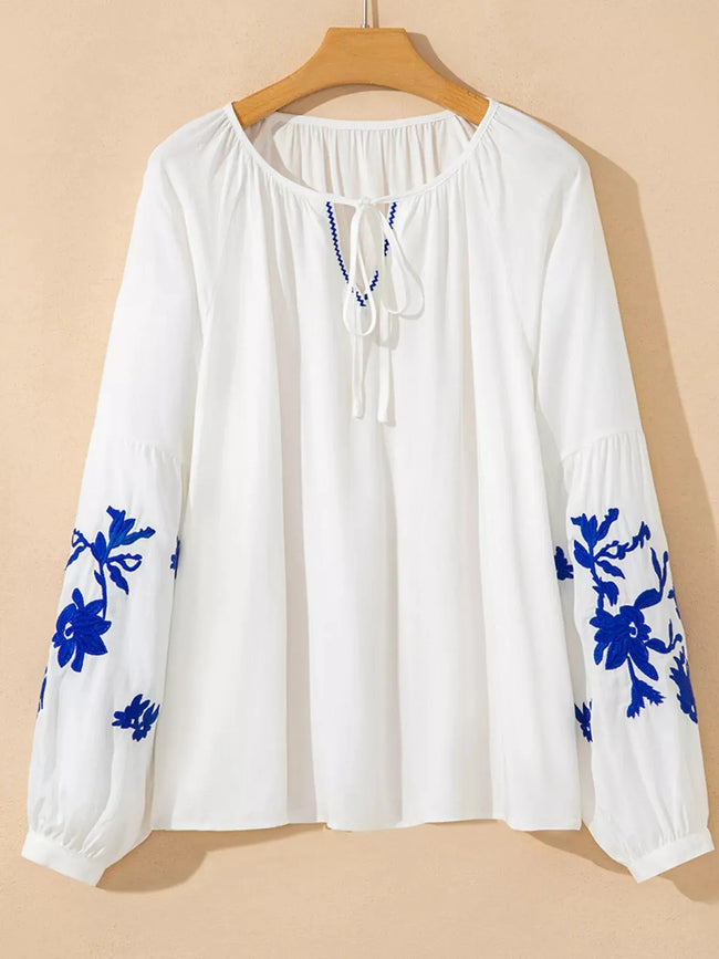 Floral Embroidered Tie Neck Blouse  Style Ratio