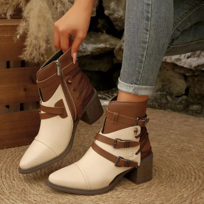 Point Toe Buckle Strap Ankle Boots with Block Heels  Style Ratio