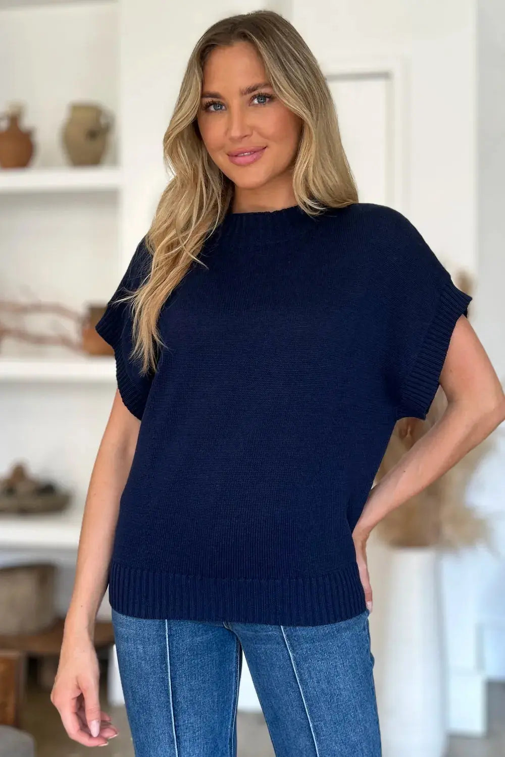 Double Take Full Size Mock Neck Short Sleeve Sweater  Style Ratio