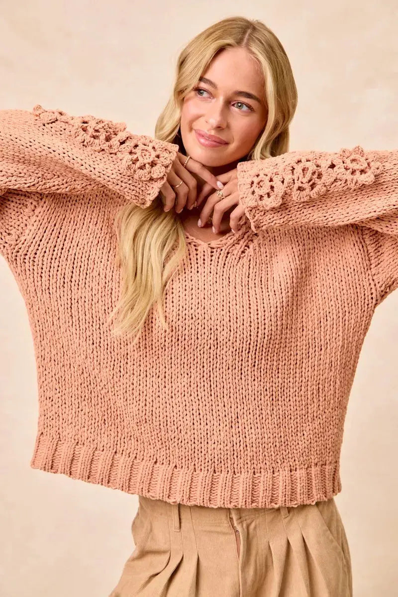 BiBi Chunky Knit Sweater with Flower Detail Sleeves  Style Ratio