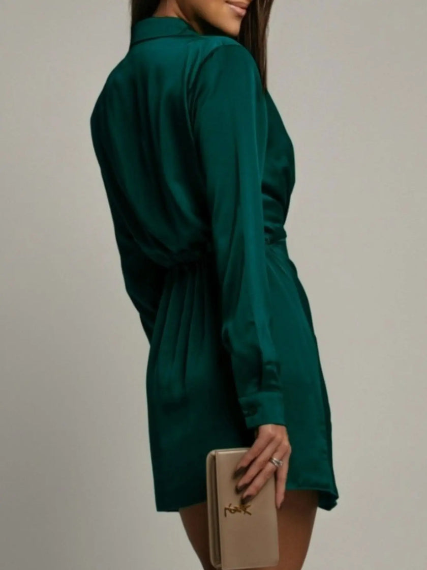 Collared Neck Long Sleeve Satin Dress  Style Ratio