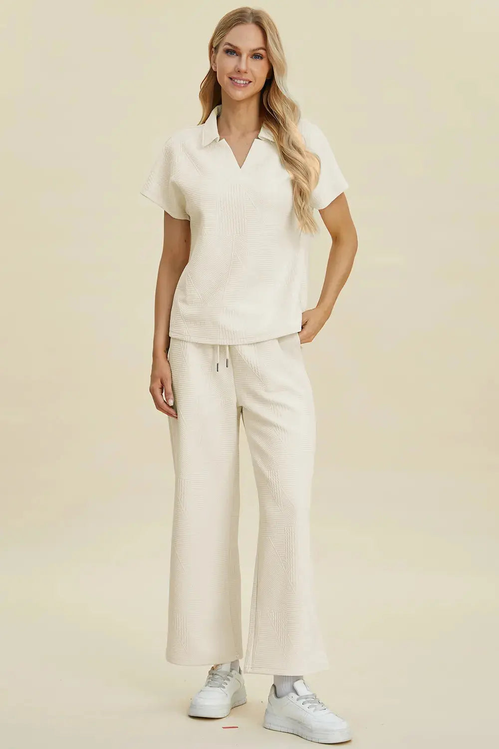 Double Take Collared Neck Short Sleeve Top and Pants Set  Style Ratio