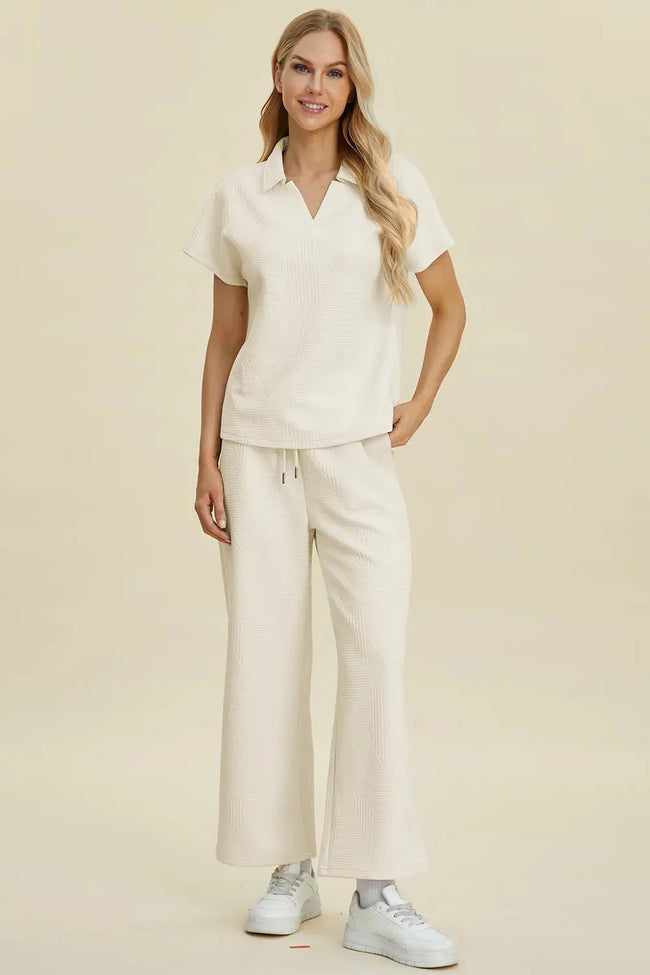 Double Take Collared Neck Short Sleeve Top and Pants Set  Style Ratio