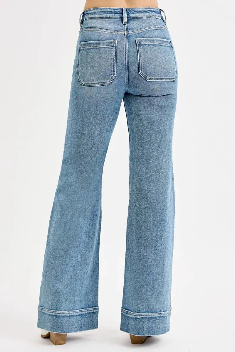 RISEN High Rise Wide Flare Patch Pocket Jeans  Style Ratio