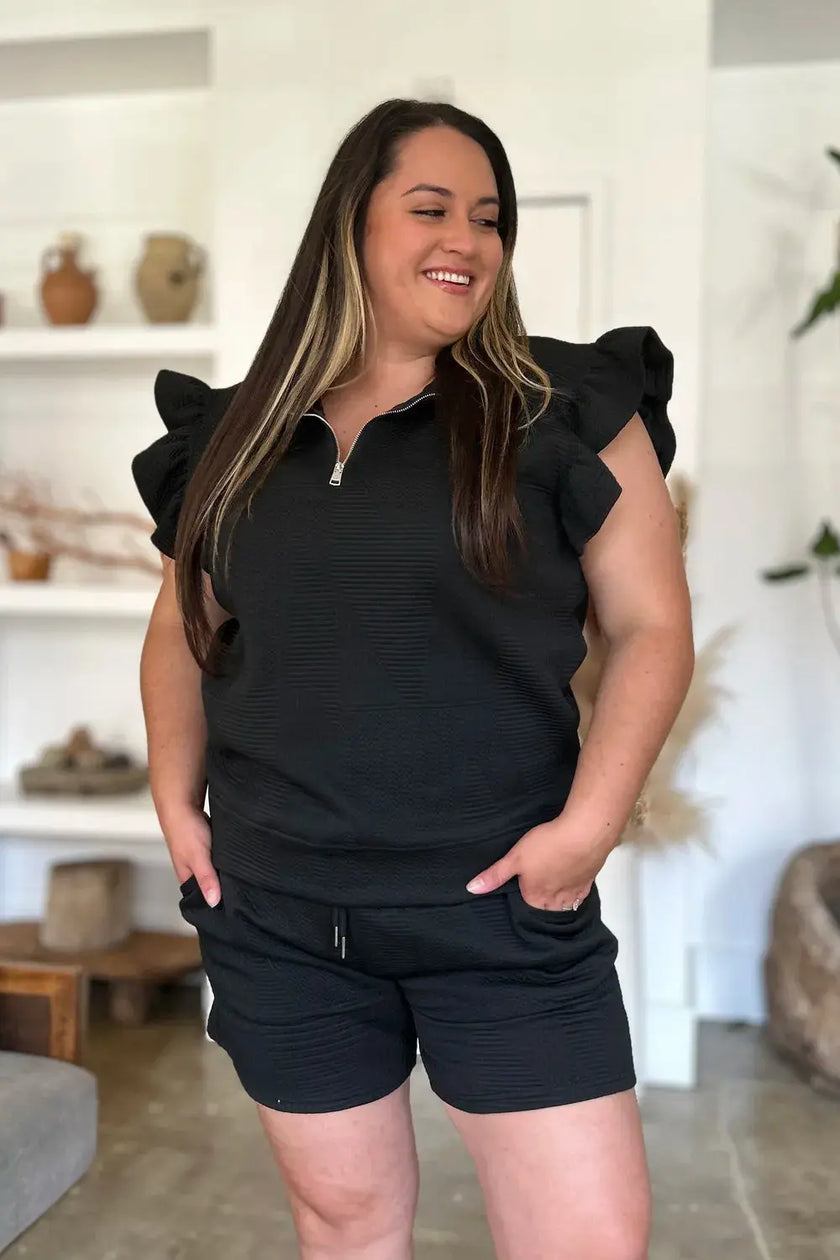 Double Take Full Size Texture Flounce Sleeve Top and Shorts Set  Style Ratio