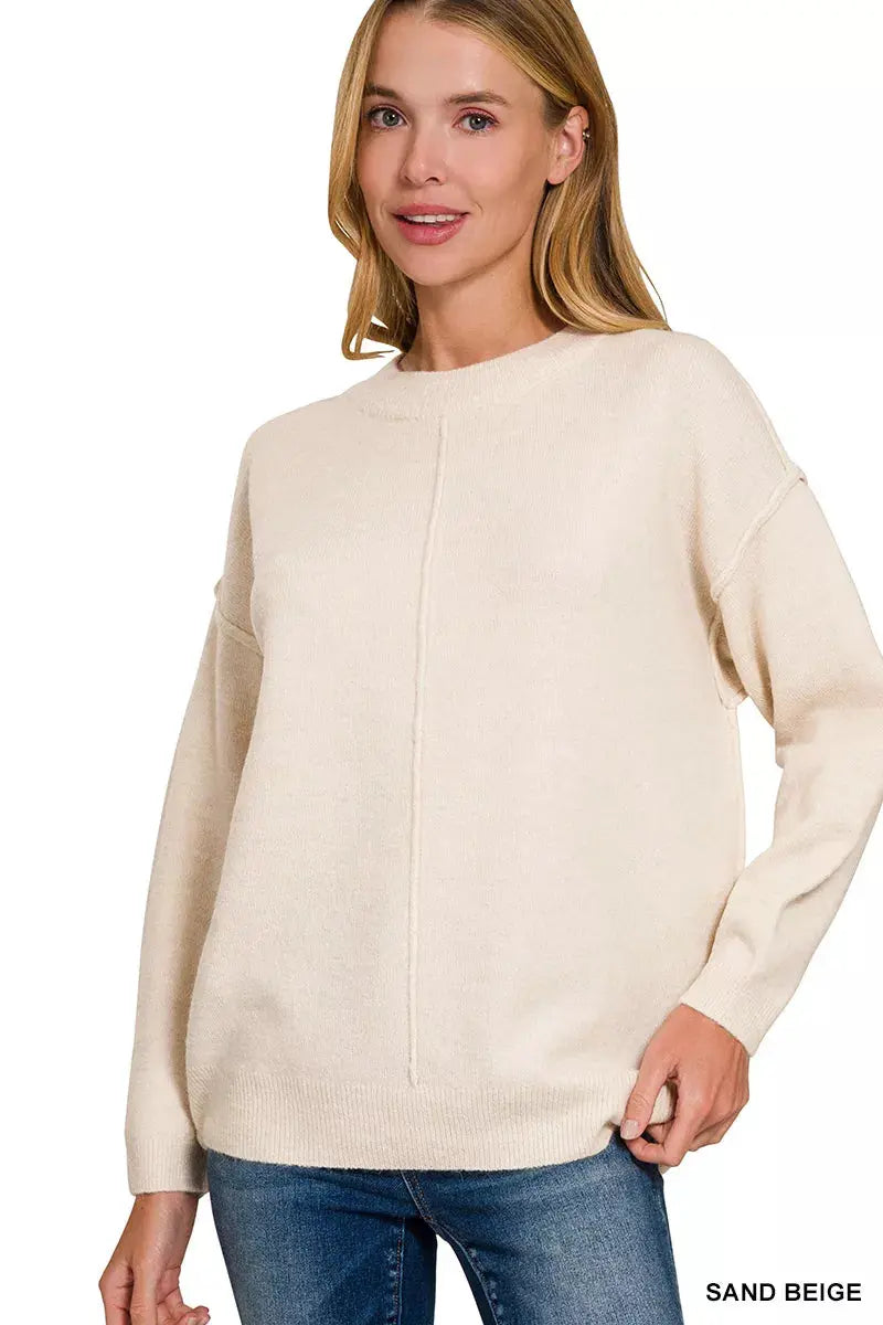 Zenana Melange Front Seam Round-Neck Sweater  Style Ratio