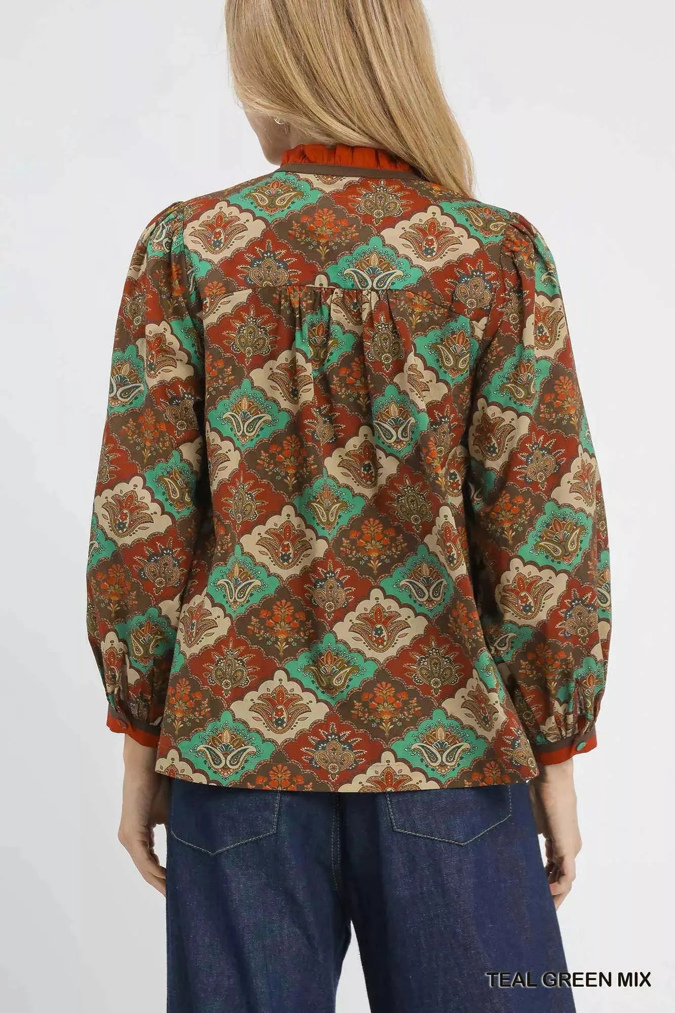 Umgee Abstract Print Ruffle Neck Blouse  Style Ratio