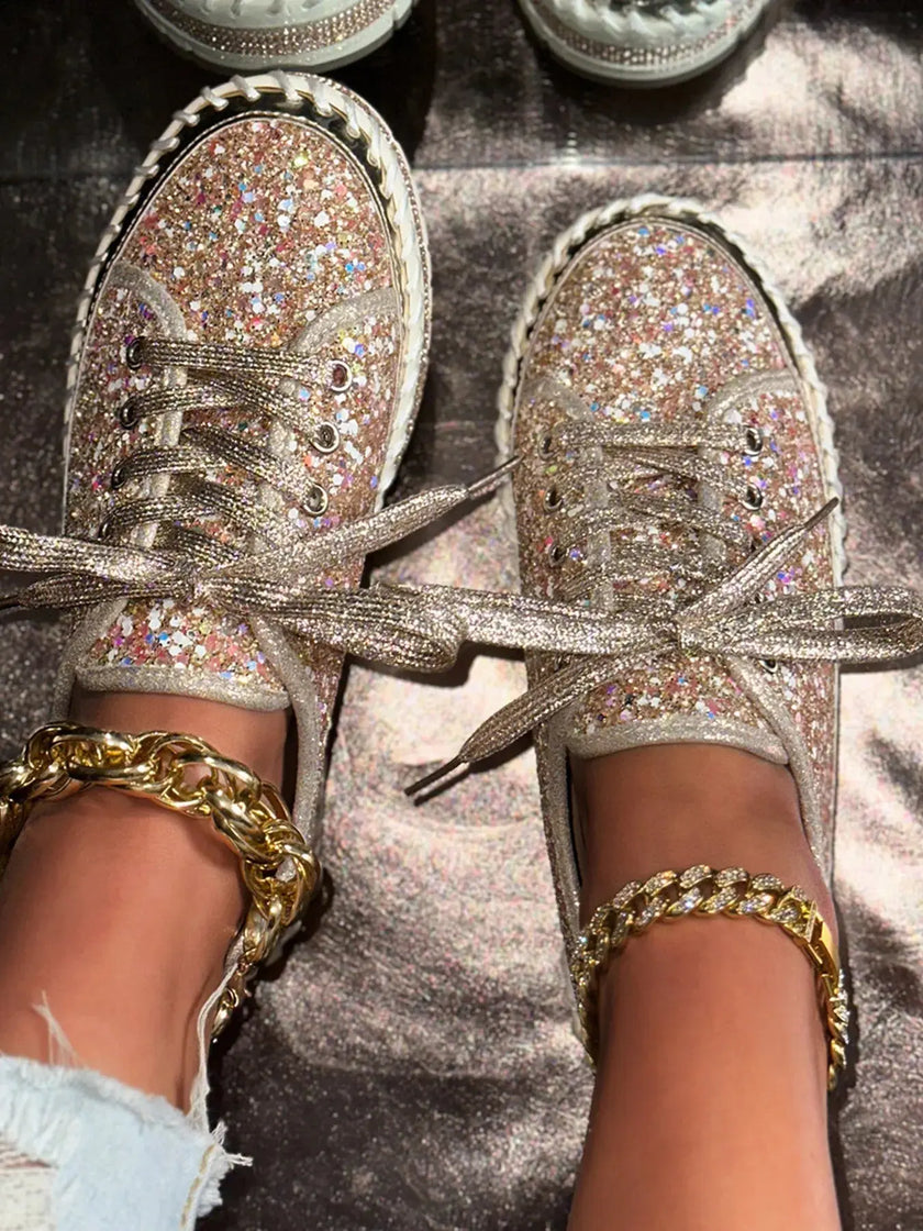 Lace Up Sequin Round Toe Platform Sneakers  Style Ratio