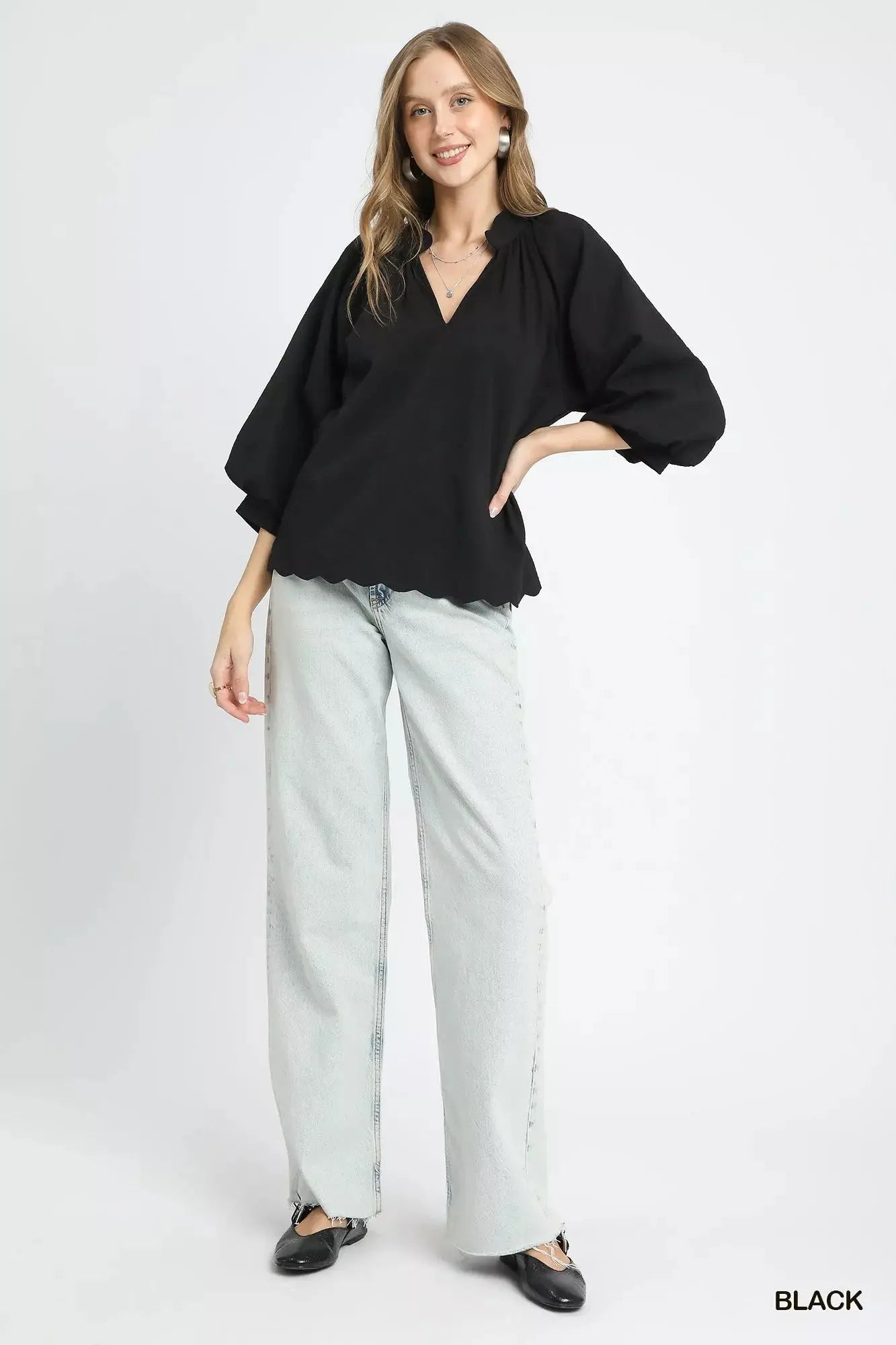 Umgee Full Size Textured Notched Balloon Sleeve Blouse  Style Ratio