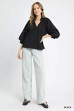 Umgee Full Size Textured Notched Balloon Sleeve Blouse  Style Ratio