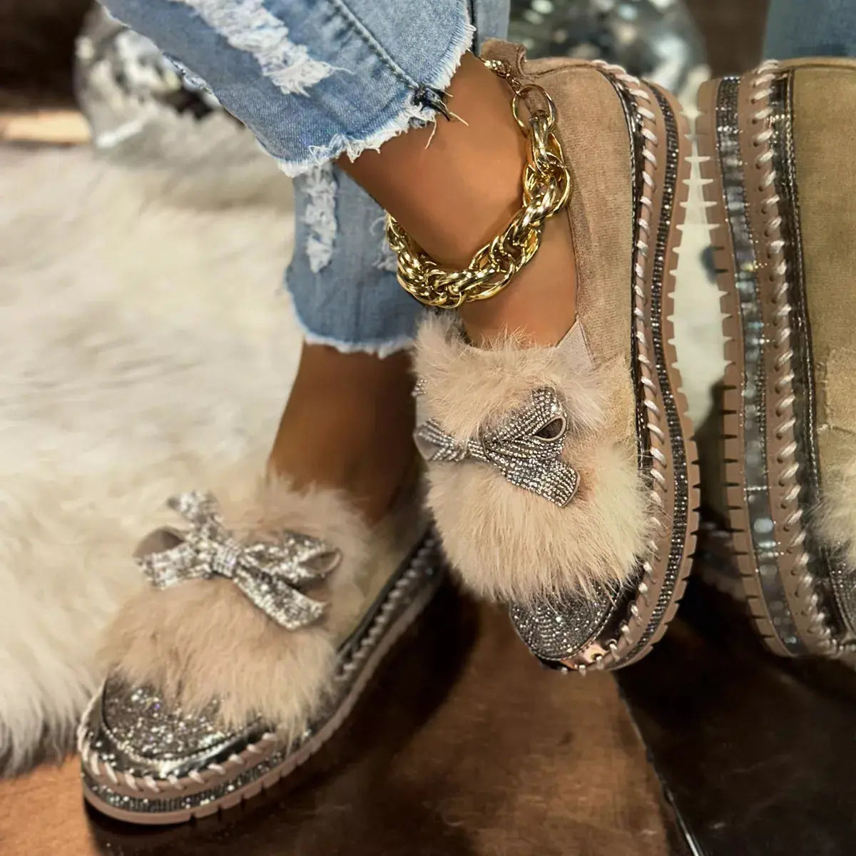 Fuzzy Bowknot Rhinestone Platform Loafers  Style Ratio