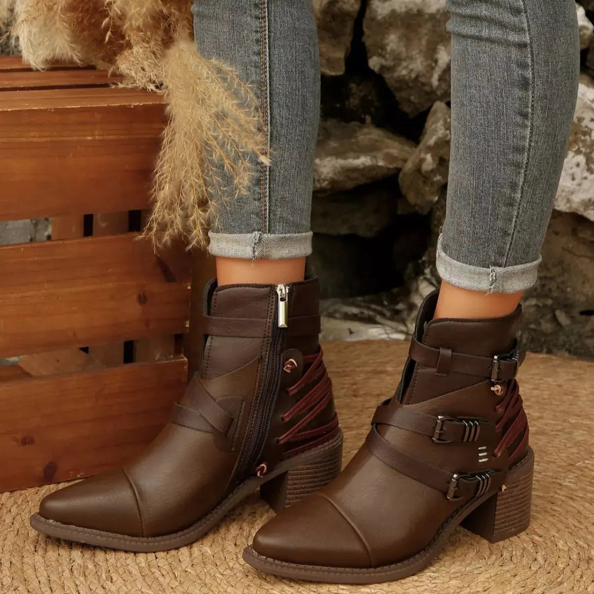 Point Toe Buckle Strap Ankle Boots with Block Heels  Style Ratio