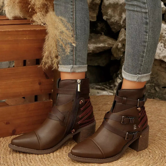 Point Toe Buckle Strap Ankle Boots with Block Heels  Style Ratio