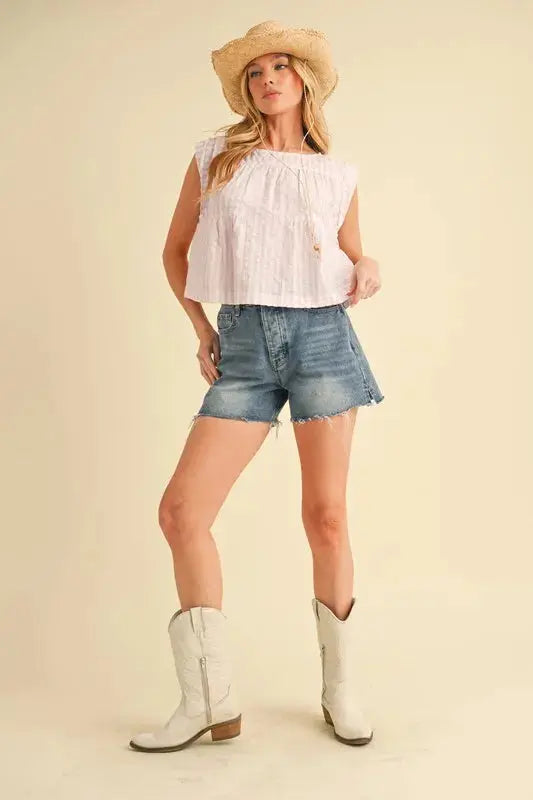 Aemi + Co Ruched Striped Round Neck Sleeveless Blouse  Style Ratio